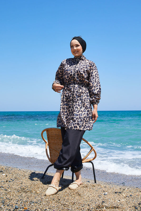 Leopard Waist Pleated Modest Swimsuit Mink