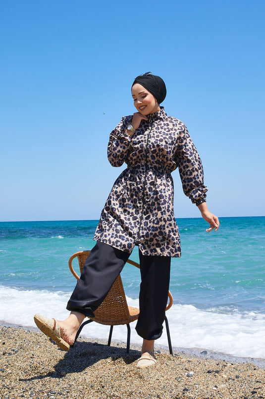 Luipaard taille geplooide bescheiden badpak nerts