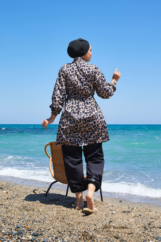 Luipaard taille geplooide bescheiden badpak nerts