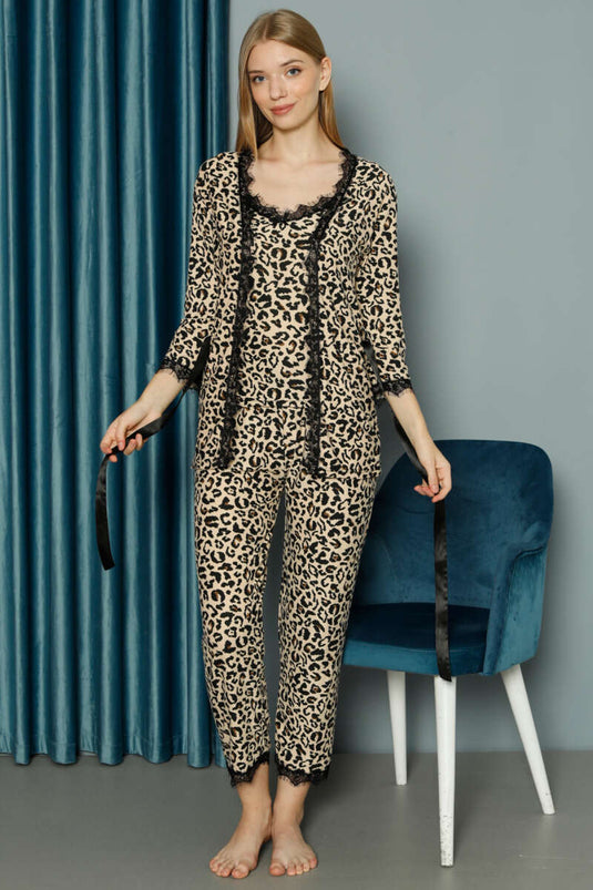 Leopar Dantel Sabahlıklı 3'lü Pijama Takım Latte