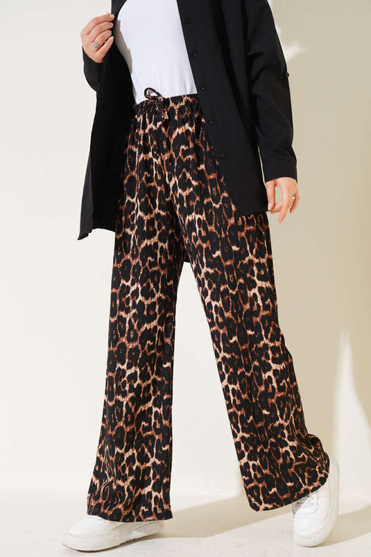 Leopard Print Elastic Waist Crinkle Pants Brown