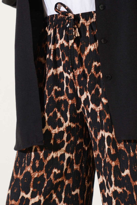 Leopard Print Elastic Waist Crinkle Pants Brown