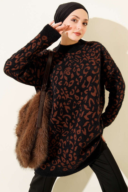 Leopar Desen Detaylı Sakallı Kazak Siyah