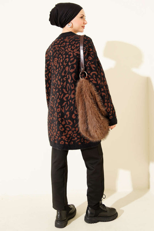 Leopar Desen Detaylı Sakallı Kazak Siyah