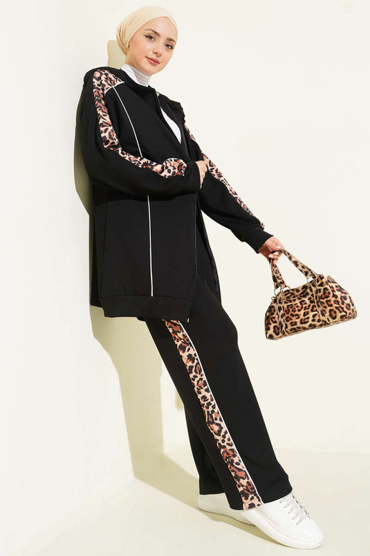 Leopar Desen Garnili Kapüşonlu İkili Takım Siyah