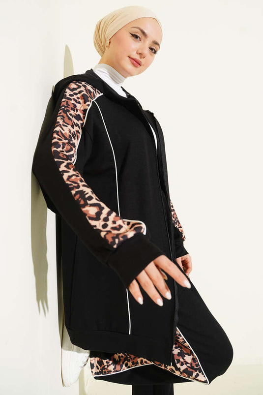 Leopar Desen Garnili Kapüşonlu İkili Takım Siyah