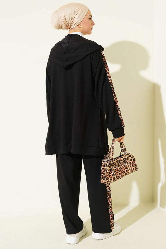 Leopar Desen Garnili Kapüşonlu İkili Takım Siyah