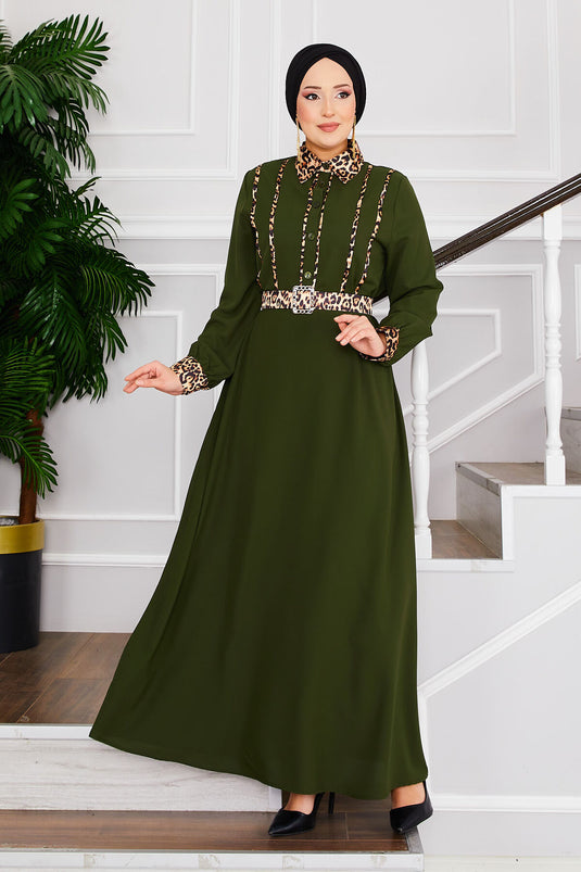 Leopard Print Shirt Collar Hijab Dress Khaki