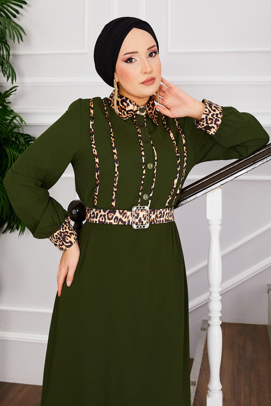Leopard Print Shirt Collar Hijab Dress Khaki