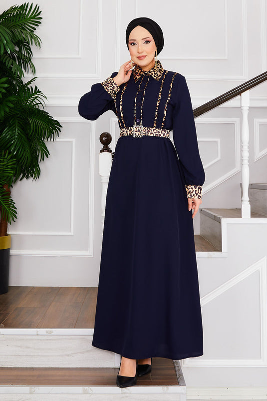 Chemise à col imprimé léopard, robe hijab bleu marine