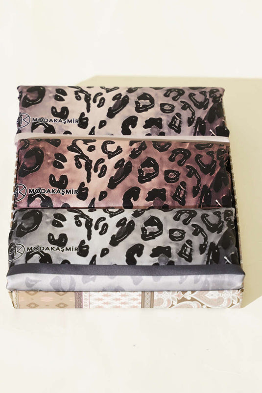 Leopar Desen İpek Twill 3'lü Şal Seti Asorti 1