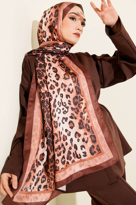 Leopar Desen İpekTwill Şal Kahve