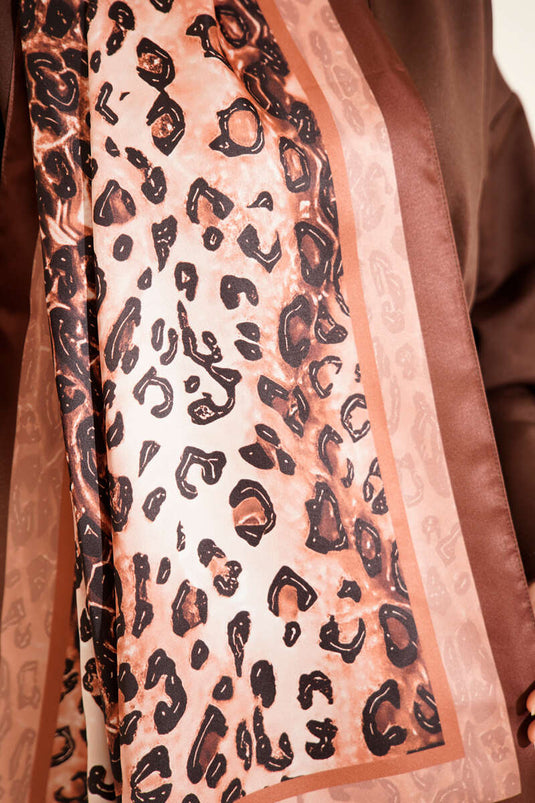 Leopar Desen İpekTwill Şal Kahve