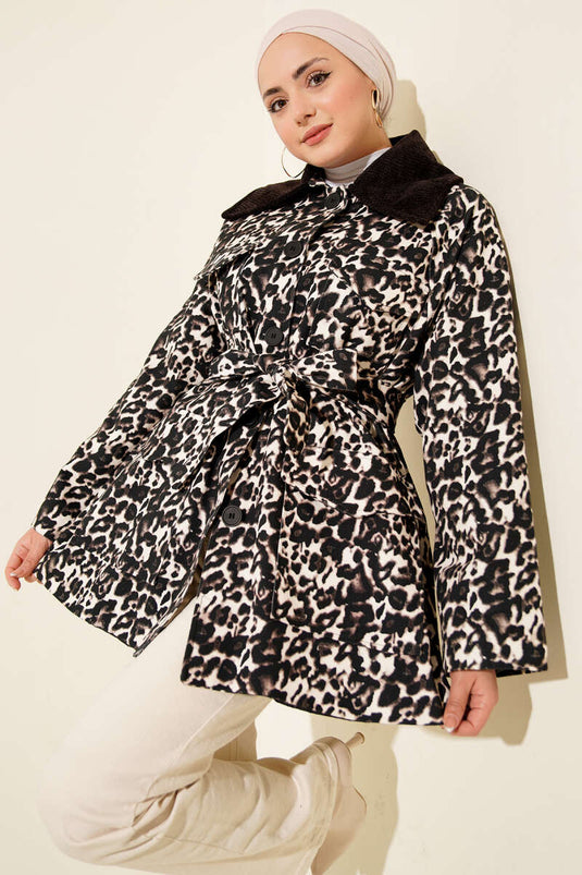 Leopar Desen Kadife Yaka Trençkot Kahve