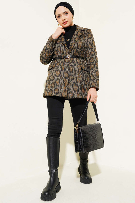 Leopard Pattern Belted Blazer Jacket Tan