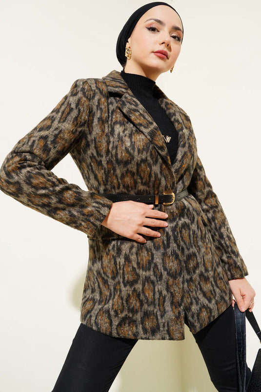 Leopard Pattern Belted Blazer Jacket Tan
