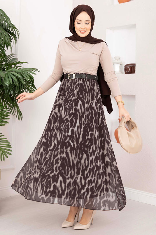 Leopard Print Belted Chiffon Skirt Brown