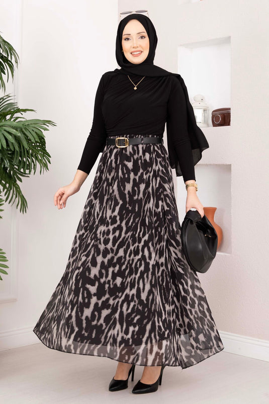 Leopard Print Belted Chiffon Skirt Black