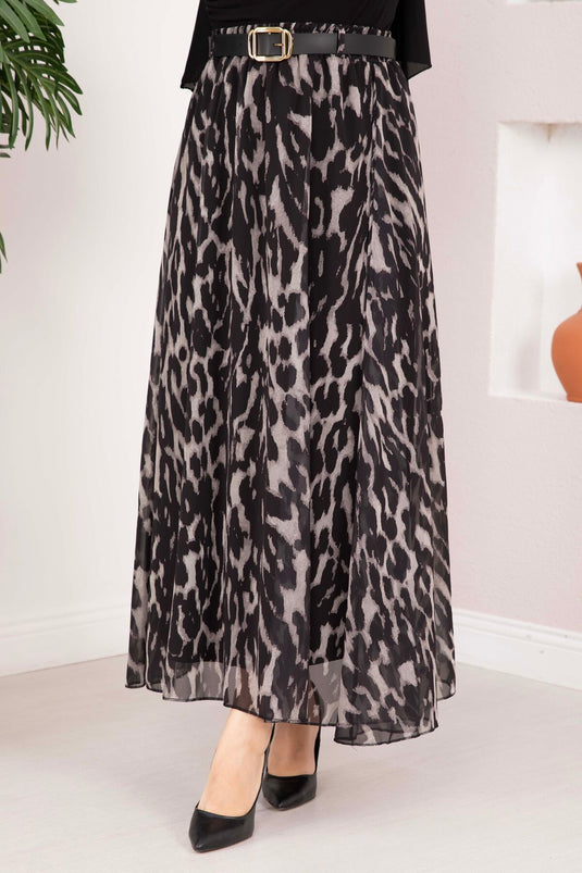 Leopard Print Belted Chiffon Skirt Black
