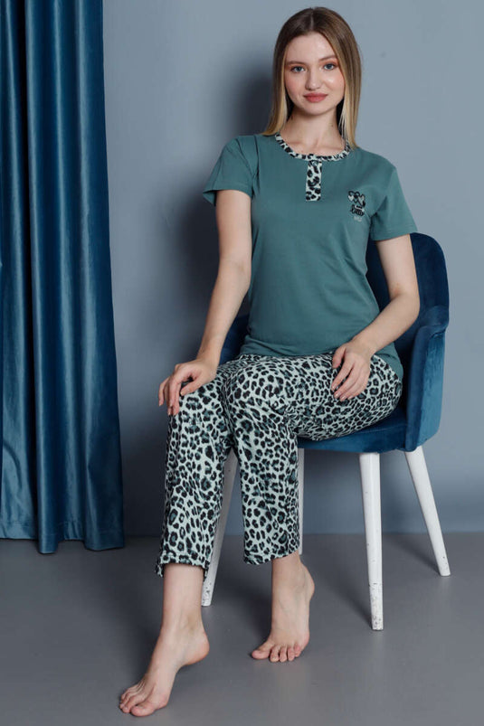 Leopard Pattern Short Sleeve Pajama Set Almond Green