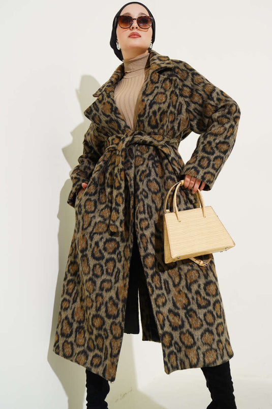 Leopard Pattern Belted Coat Leopard