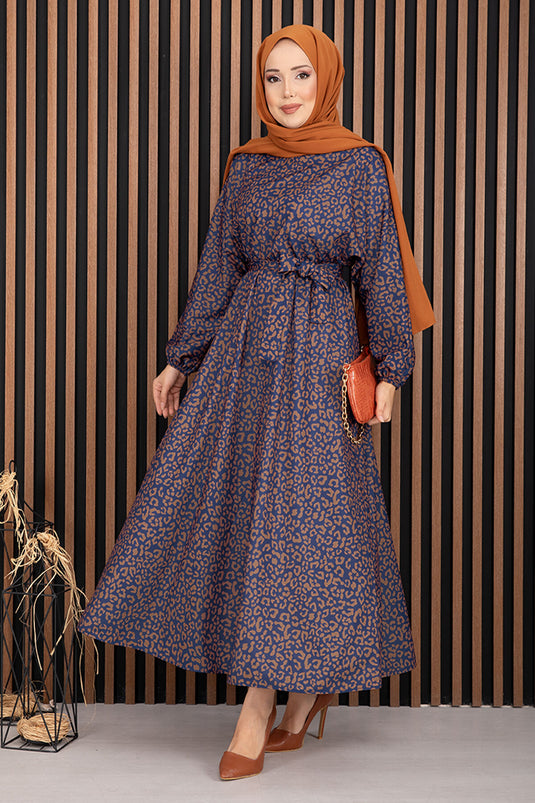 Robe hijab à ceinture imprimé léopard bleu marine