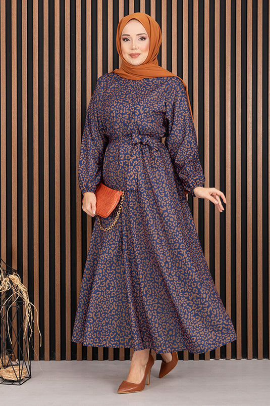 Robe hijab à ceinture imprimé léopard bleu marine