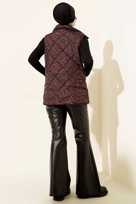 Gilet matelassé à pierres motif léopard marron
