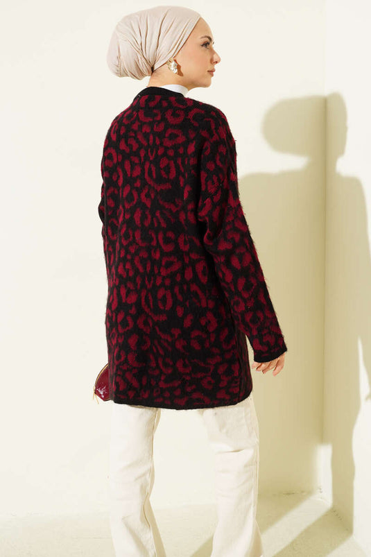 Strickcardigan mit Leopardenmuster und Knopfleiste, Burgunderrot