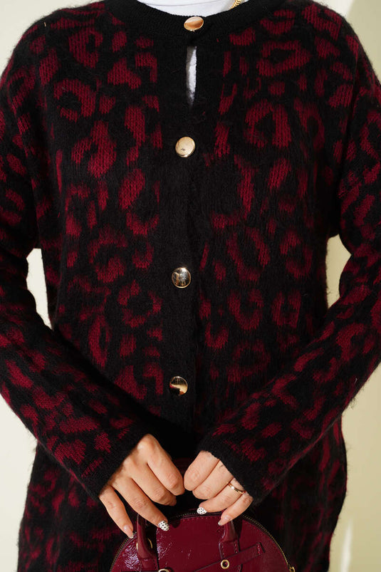 Strickcardigan mit Leopardenmuster und Knopfleiste, Burgunderrot