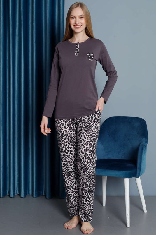 طقم بيجامة بأكمام طويلة بنقشة جلد النمر - دخاني