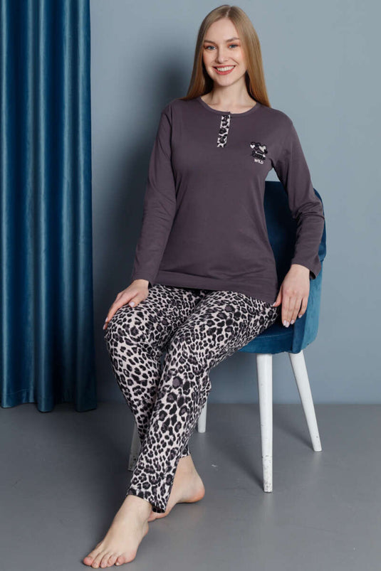 طقم بيجامة بأكمام طويلة بنقشة جلد النمر - دخاني