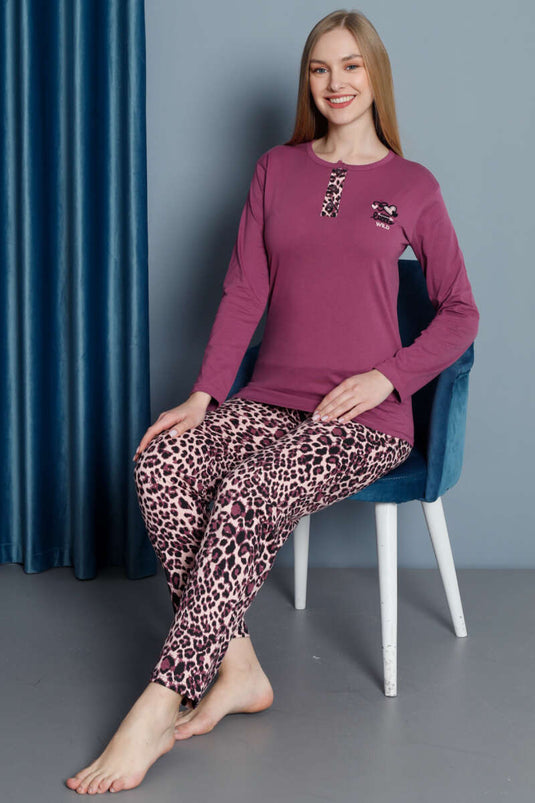 Leopard Pattern Long Sleeve Pajama Set Magenta