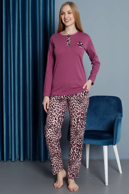 Leopard Pattern Long Sleeve Pajama Set Magenta