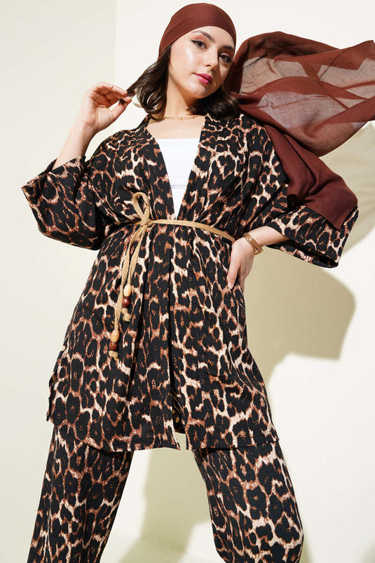 Leopard Patterned Crepe Kimono Two Piece Set Leopard