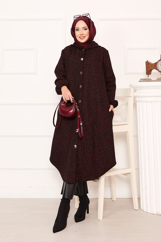 Burgundy Leopard Patterned Wool Coat With Buttons
