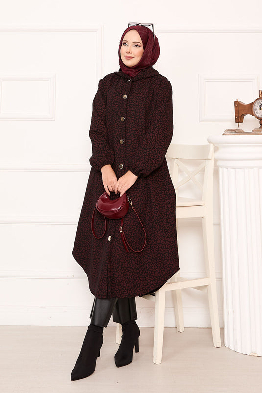 Burgundy Leopard Patterned Wool Coat With Buttons