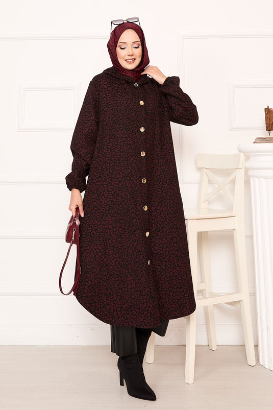 Burgundy Leopard Patterned Wool Coat With Buttons