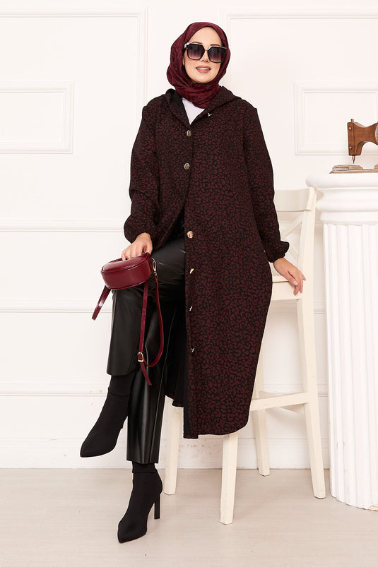 Burgundy Leopard Patterned Wool Coat With Buttons