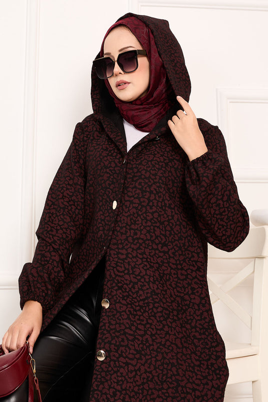 Burgundy Leopard Patterned Wool Coat With Buttons