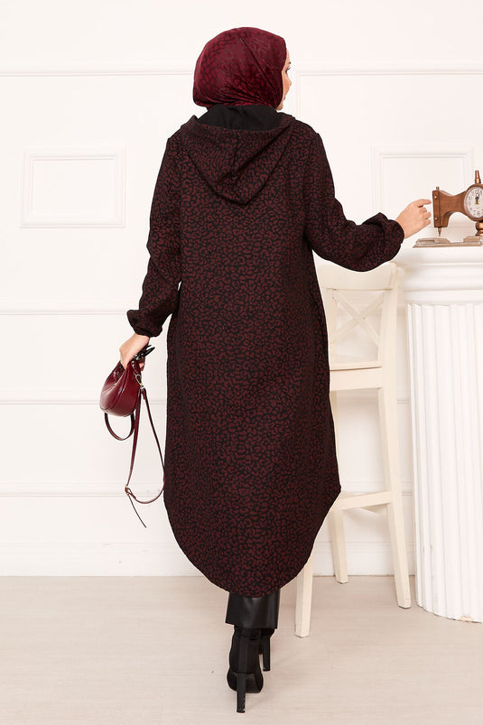 Burgundy Leopard Patterned Wool Coat With Buttons
