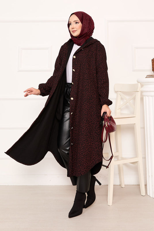Burgundy Leopard Patterned Wool Coat With Buttons