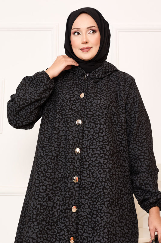 Leopardenmuster Wollmantel mit Knöpfen, Rauchgrau