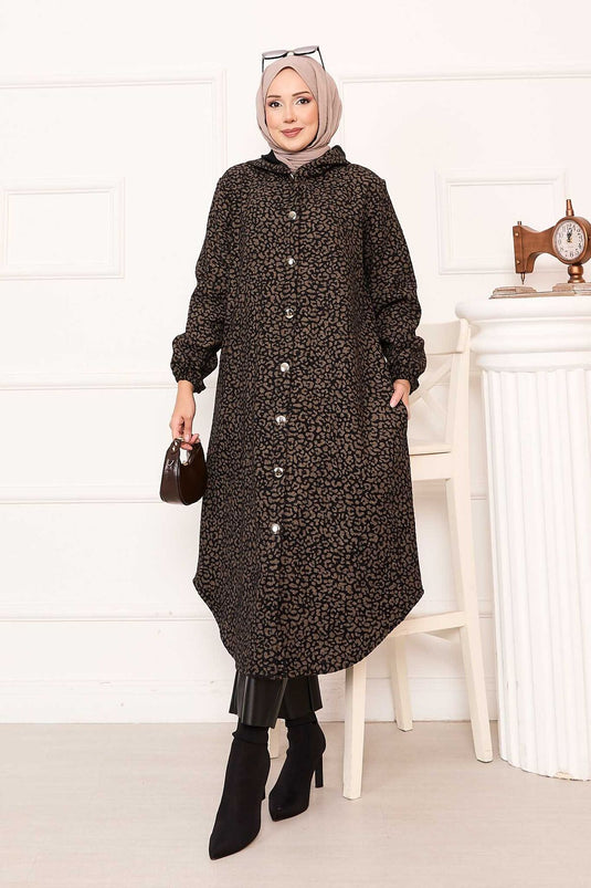 Leopard Print Buttoned Kaşe Cover Coffee