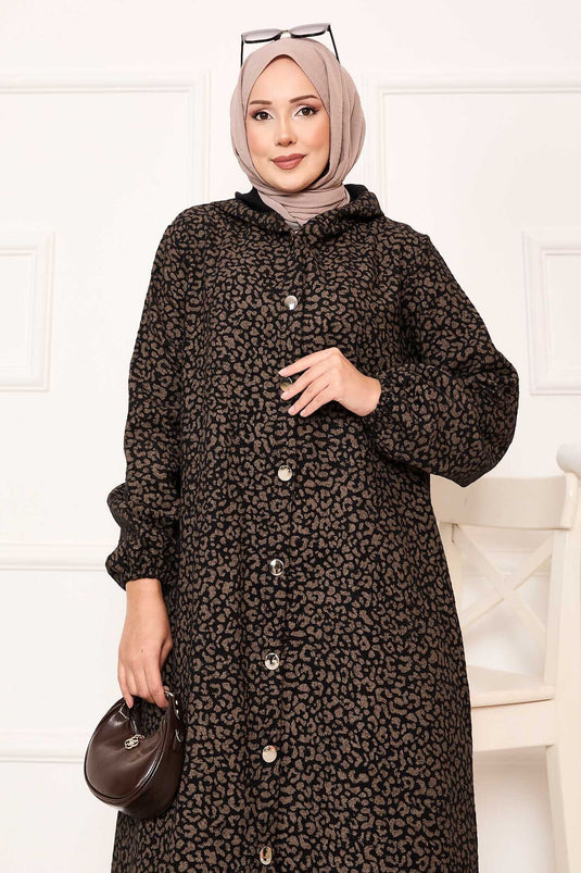 Leopard Print Buttoned Kaşe Cover Coffee