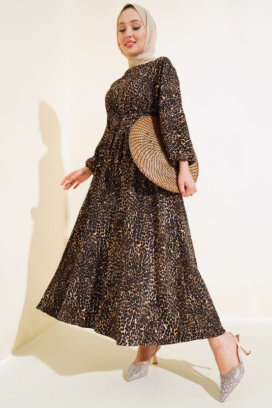 Leopar Desenli Elbise Camel