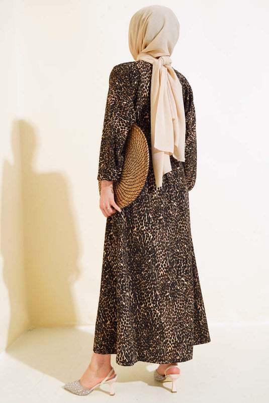 Leopar Desenli Elbise Camel