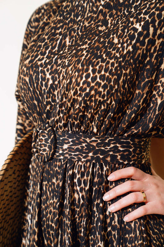 Leopar Desenli Elbise Camel