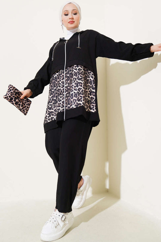 Leopard Patterned Hooded Zippered Suit Black