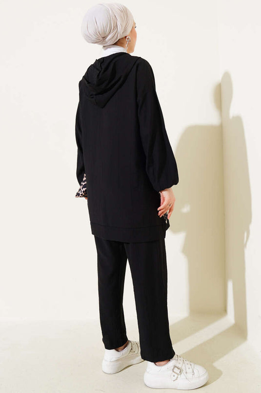 Leopard Patterned Hooded Zippered Suit Black